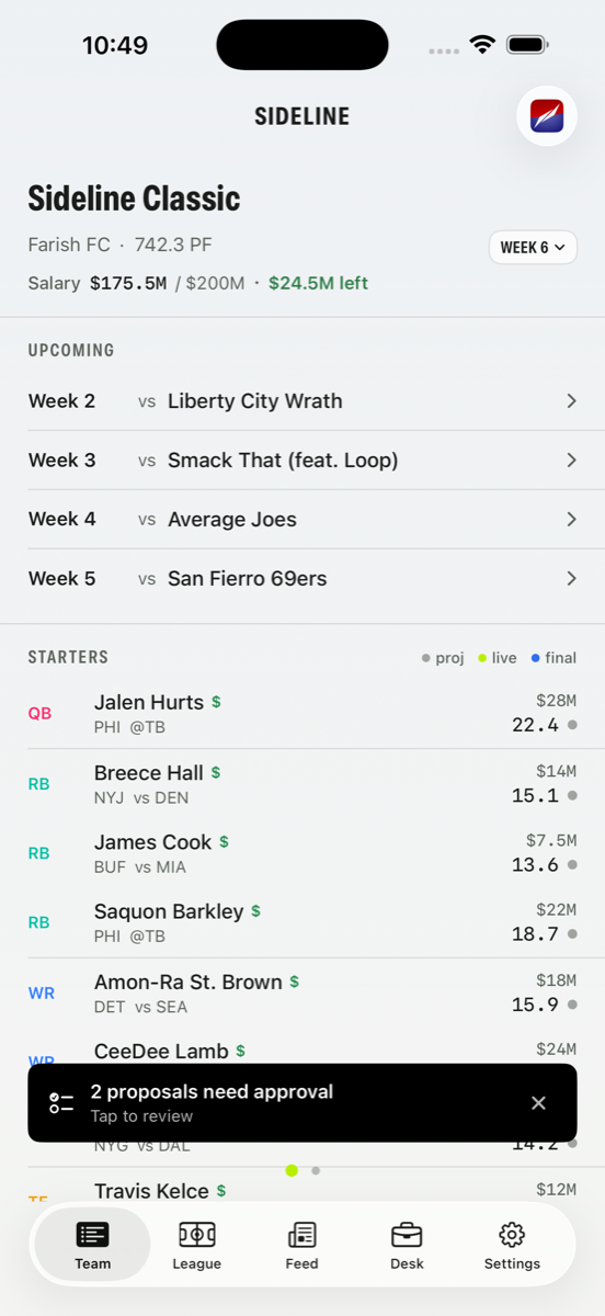 Sideline lineup screen