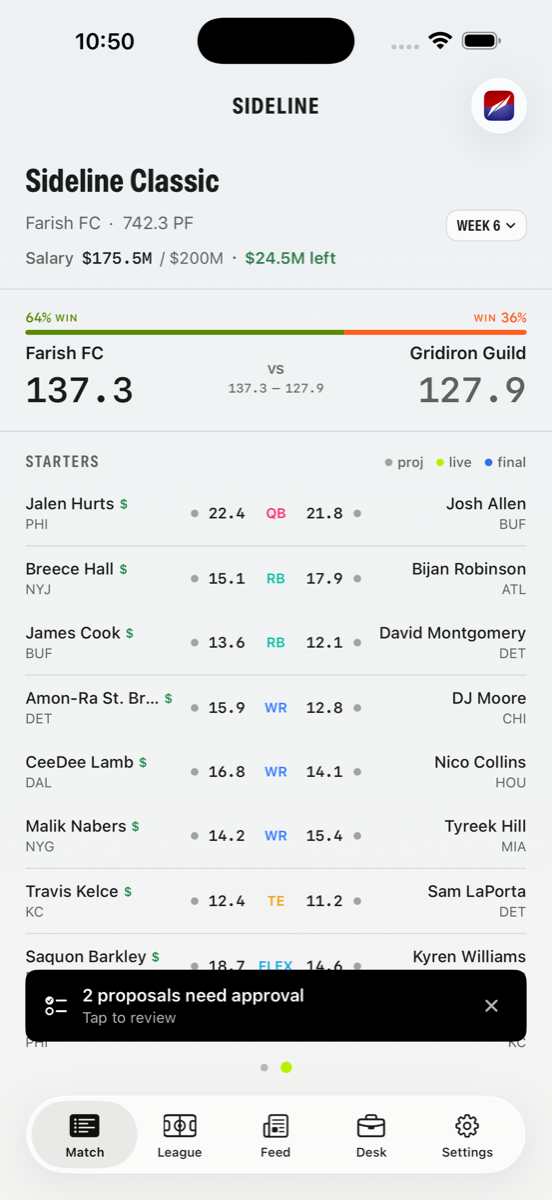 Sideline matchup screen