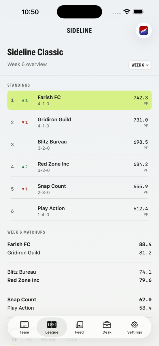 Sideline league screen