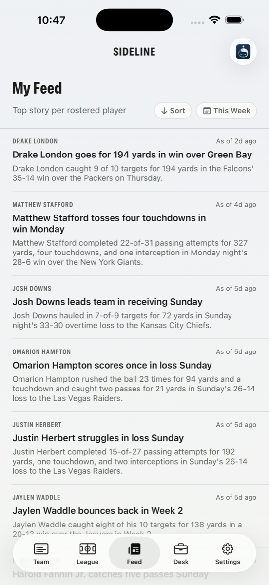 Sideline feed screen