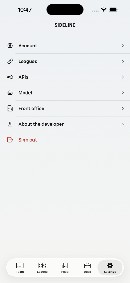 Sideline settings screen